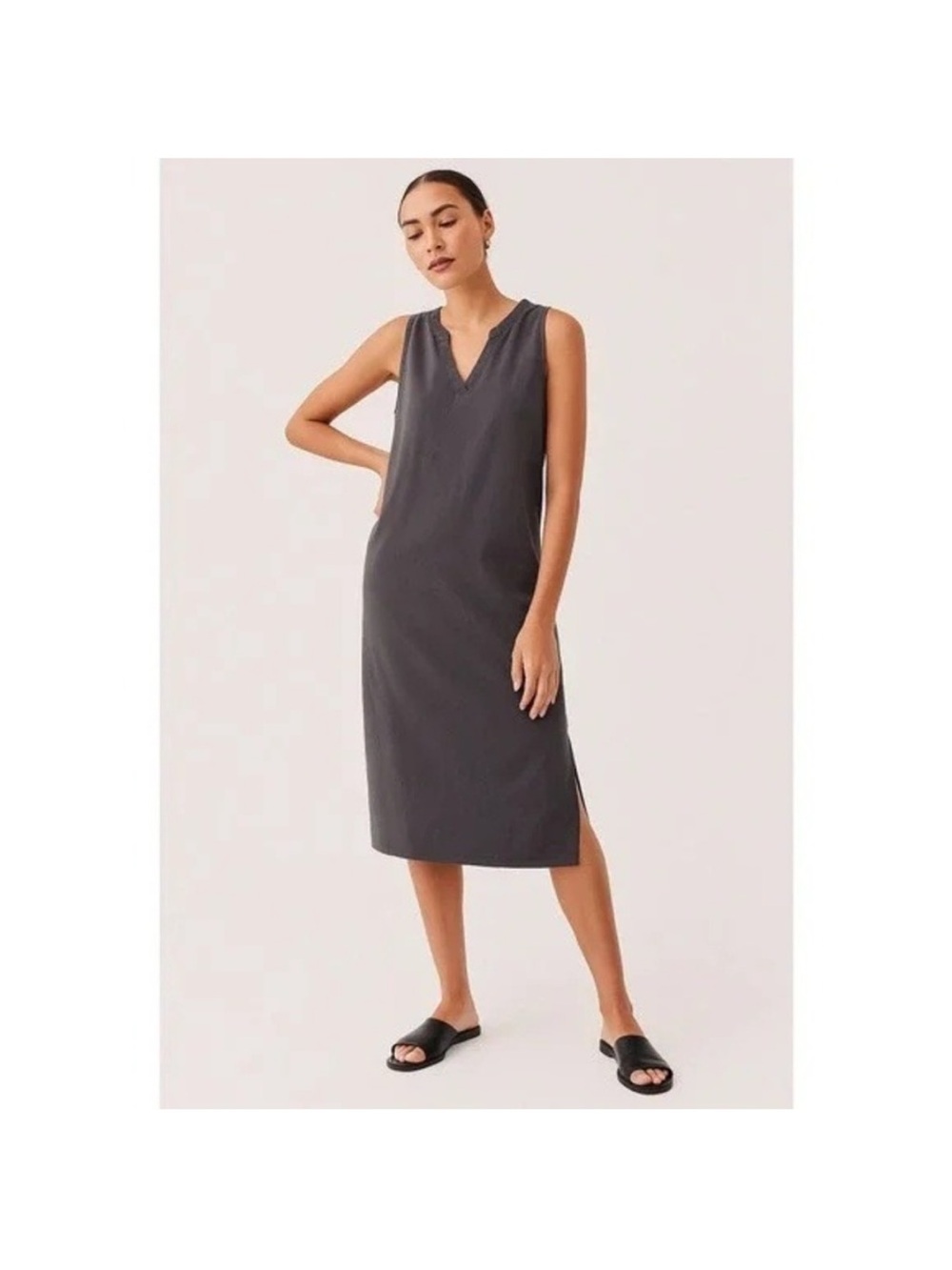 Pact Organic Cotton Weekends Tank V-Neck Sleeveless Midi Dress Grey